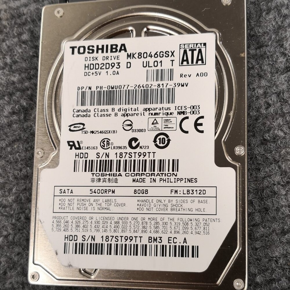 TOSHIBA 80GB 2.5" SATA HARD DRIVE MK8046GSX HDD2D93